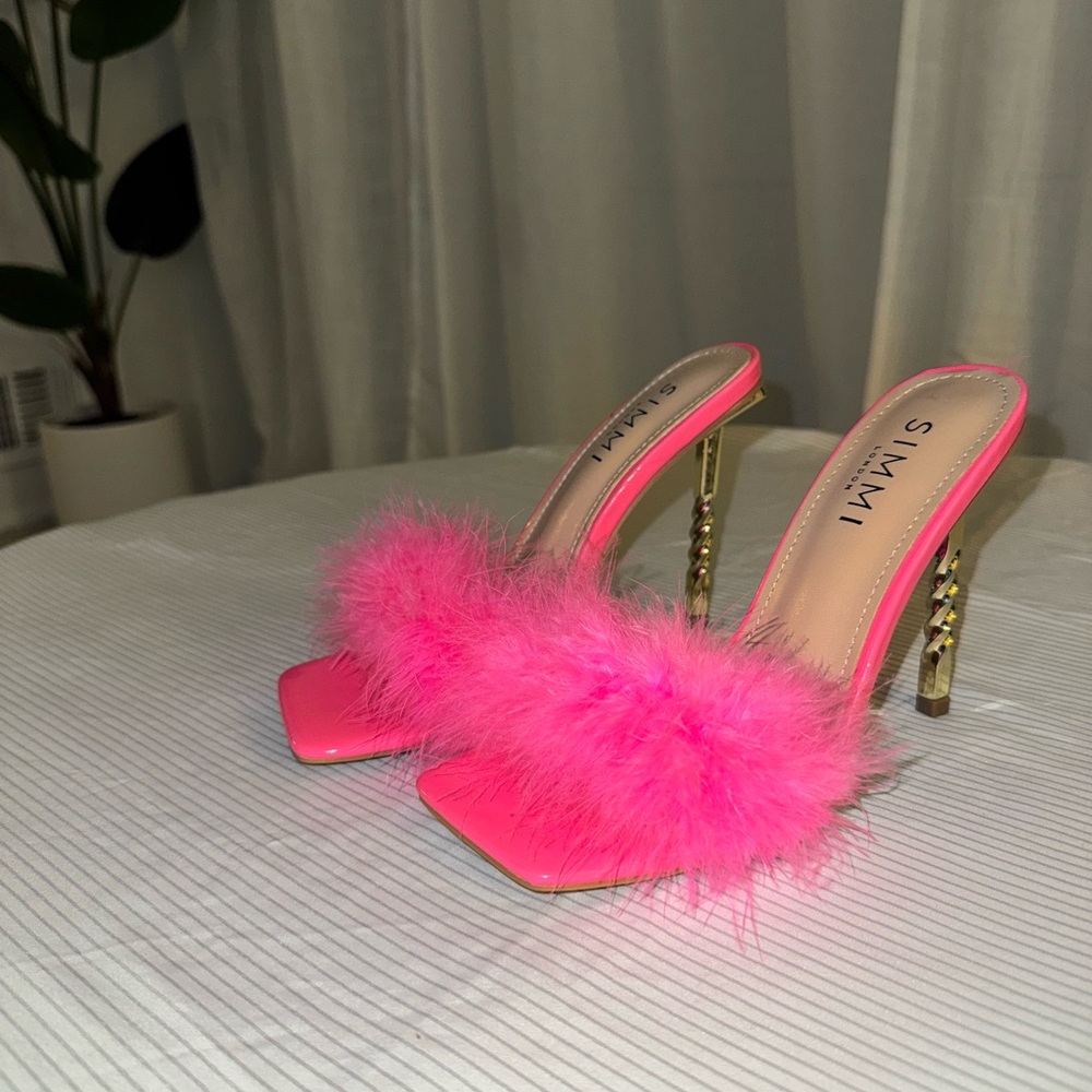 Hot Pink Fluffy Heeled Sandals - Picture 3 of 4